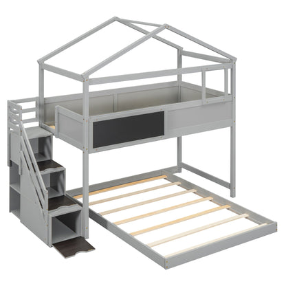 House Style Bunk Bed with storage staircase in gray; top bunk guardrails, bottom slat base on Tampa Home & Garden Store