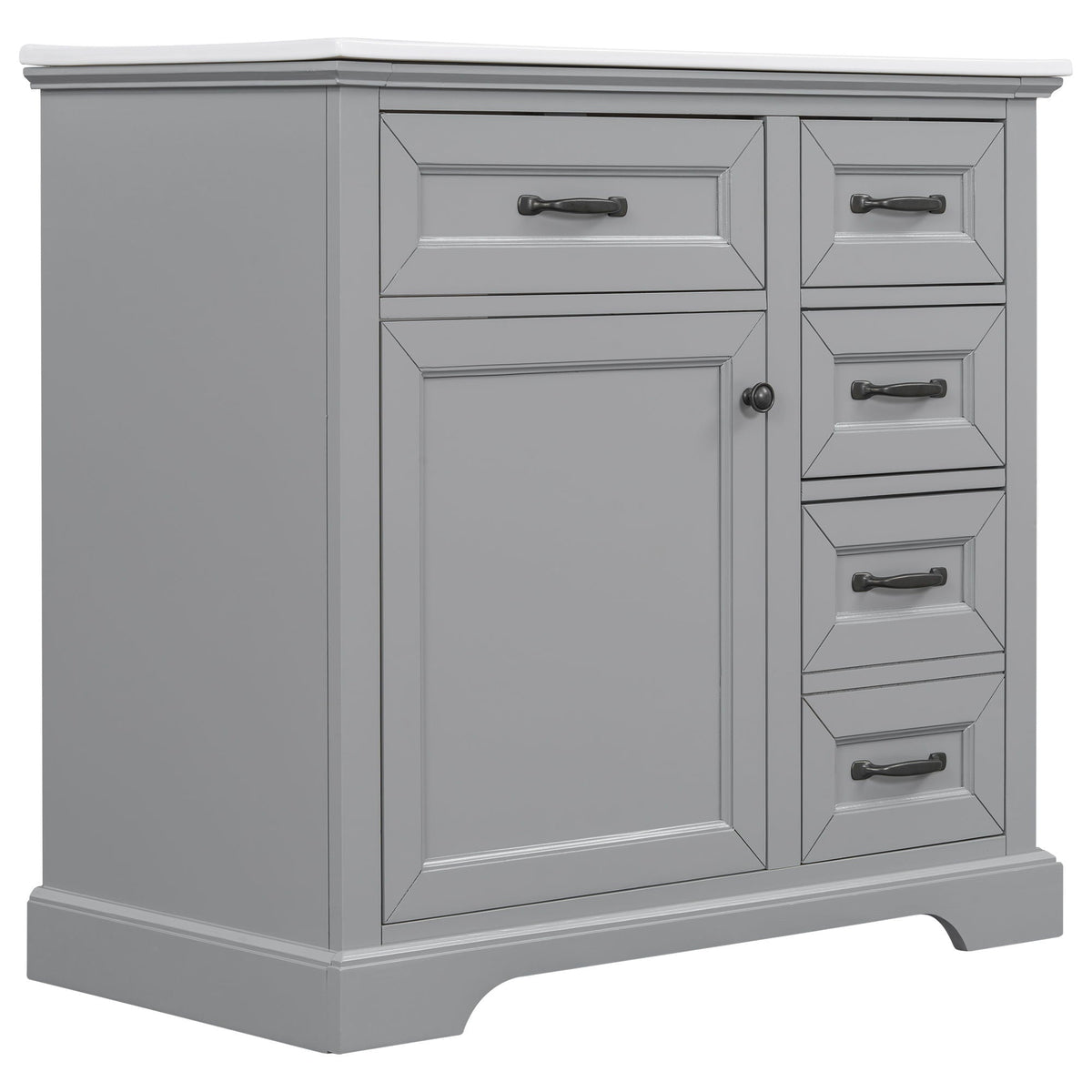 36in bathroom vanity with sink in gray finish, countertop, multiple drawers with black hardware on Tampa Home & Garden Store