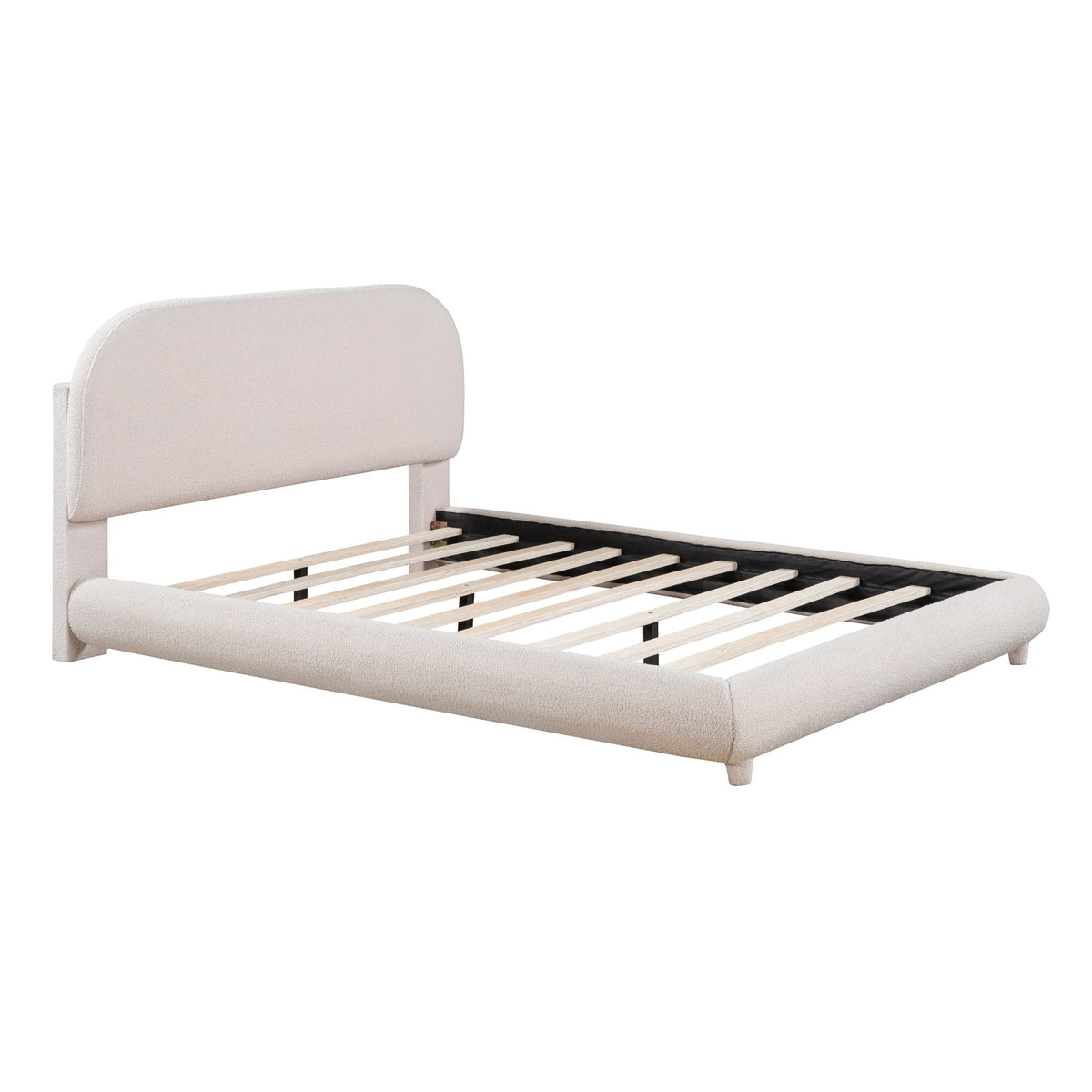 Upholstered platform bed in beige fabric with a thick curved headboard and wooden slat foundation on Tampa Home & Garden Store