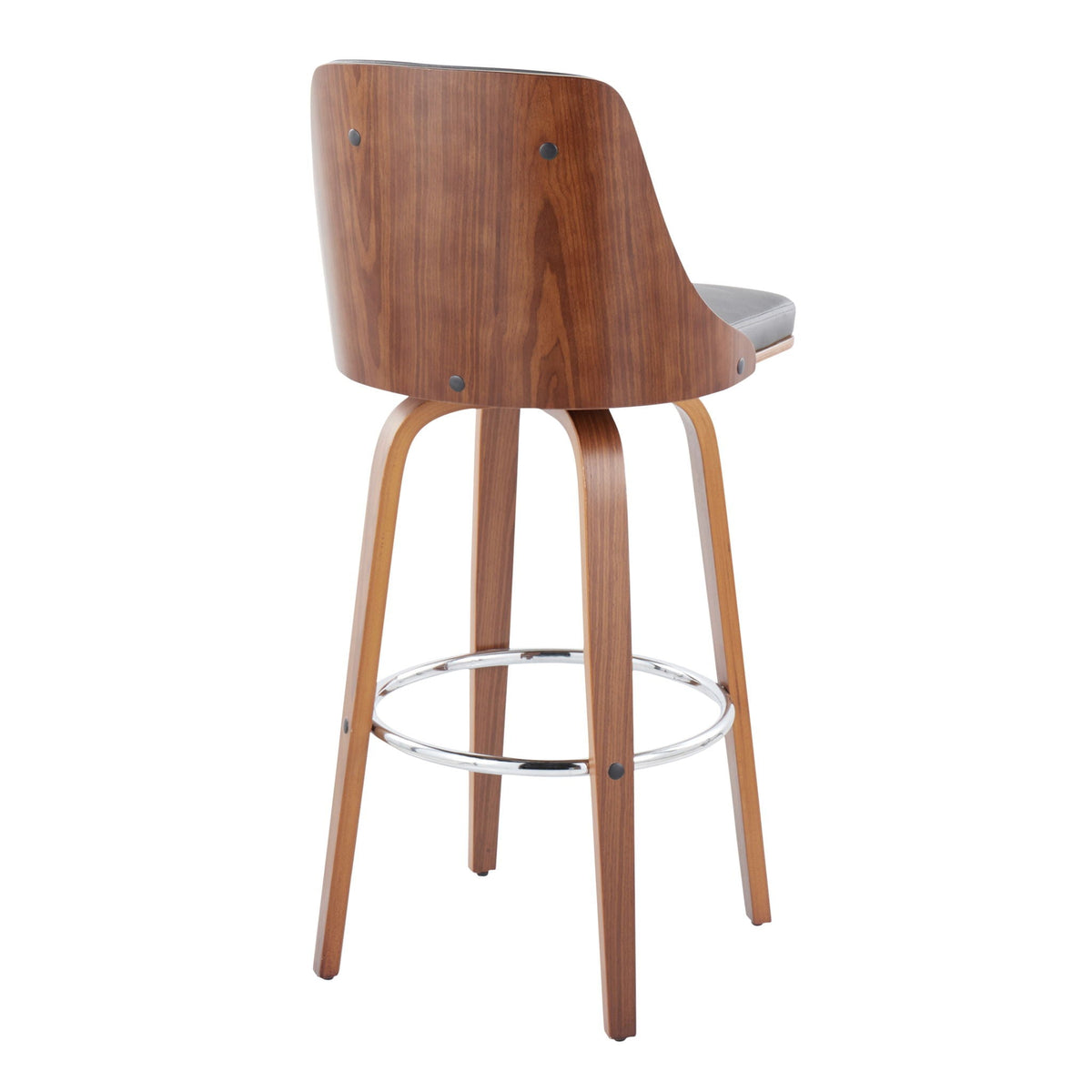 Mid-Century Modern swivel barstool with walnut wood back, gray cushion, chrome footrest on Tampa Home & Garden Store