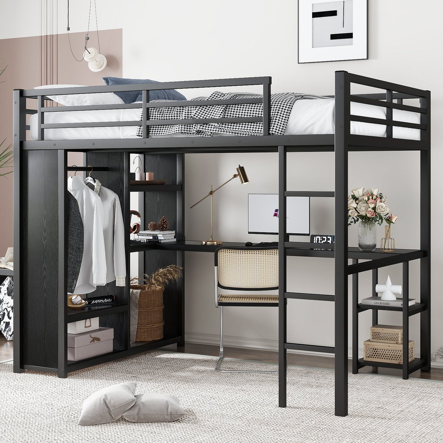 Full Size Metal Loft Bed with Desk and Wardrobe