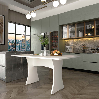 Modern white dining table with curved legs and adjustable feet in a sleek kitchen on Tampa Home & Garden Store