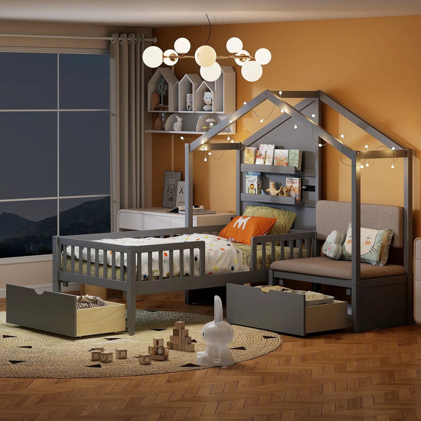 House bed with upholstered sofa, built-in shelves and 2 drawers in gray storage frame on Tampa Home & Garden Store