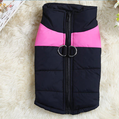 Pet Zen dog coat: navy quilted puffer with pink chest stripe, front zipper, dual metal D-rings on Tampa Home & Garden Store