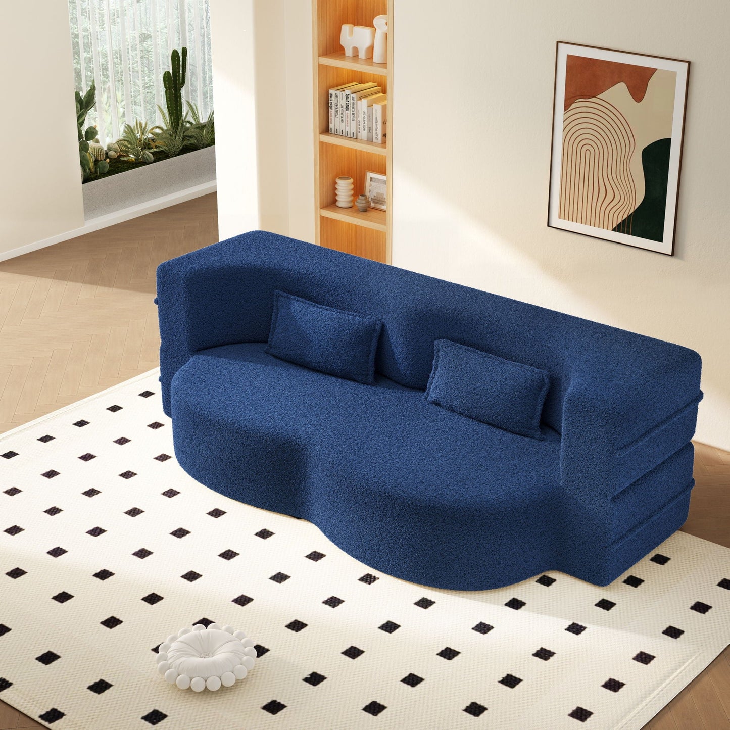 Modern Floor Sleeper Sofa Bed And Two Pillows