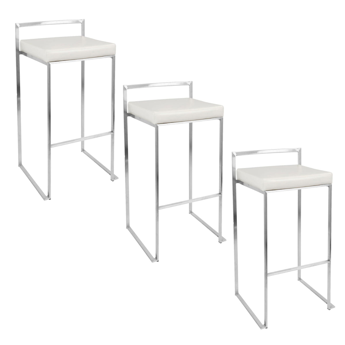 Stackable barstool set with padded white seats and chrome metal frames, varying heights on Tampa Home & Garden Store