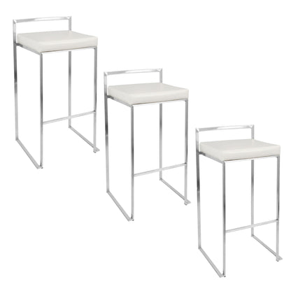 Stackable barstool set with padded white seats and chrome metal frames, varying heights on Tampa Home & Garden Store