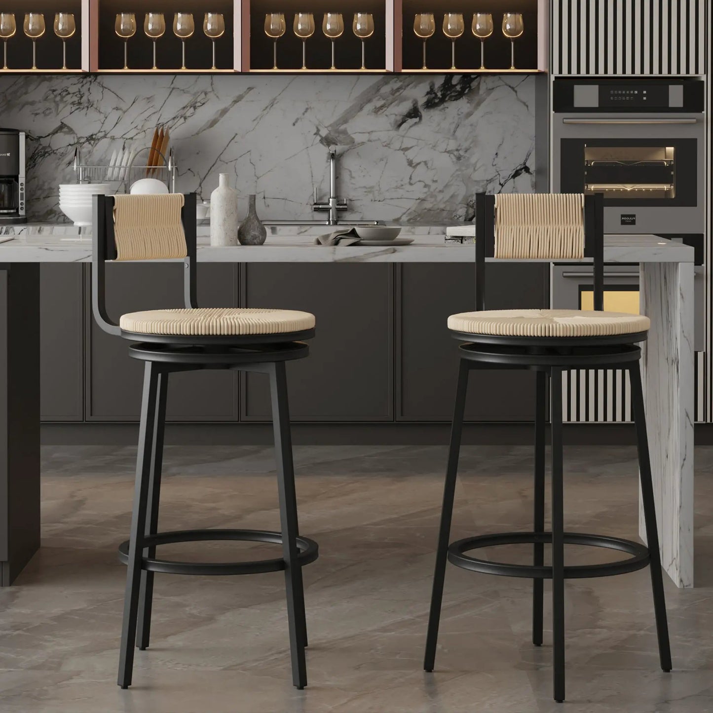Bar stools swivel counter chairs with black metal frame and paper rope seating, set of 2 on Tampa Home & Garden Store
