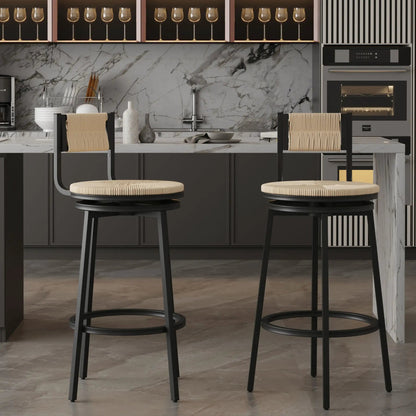 Bar stools swivel counter chairs with black metal frame and paper rope seating, set of 2 on Tampa Home & Garden Store