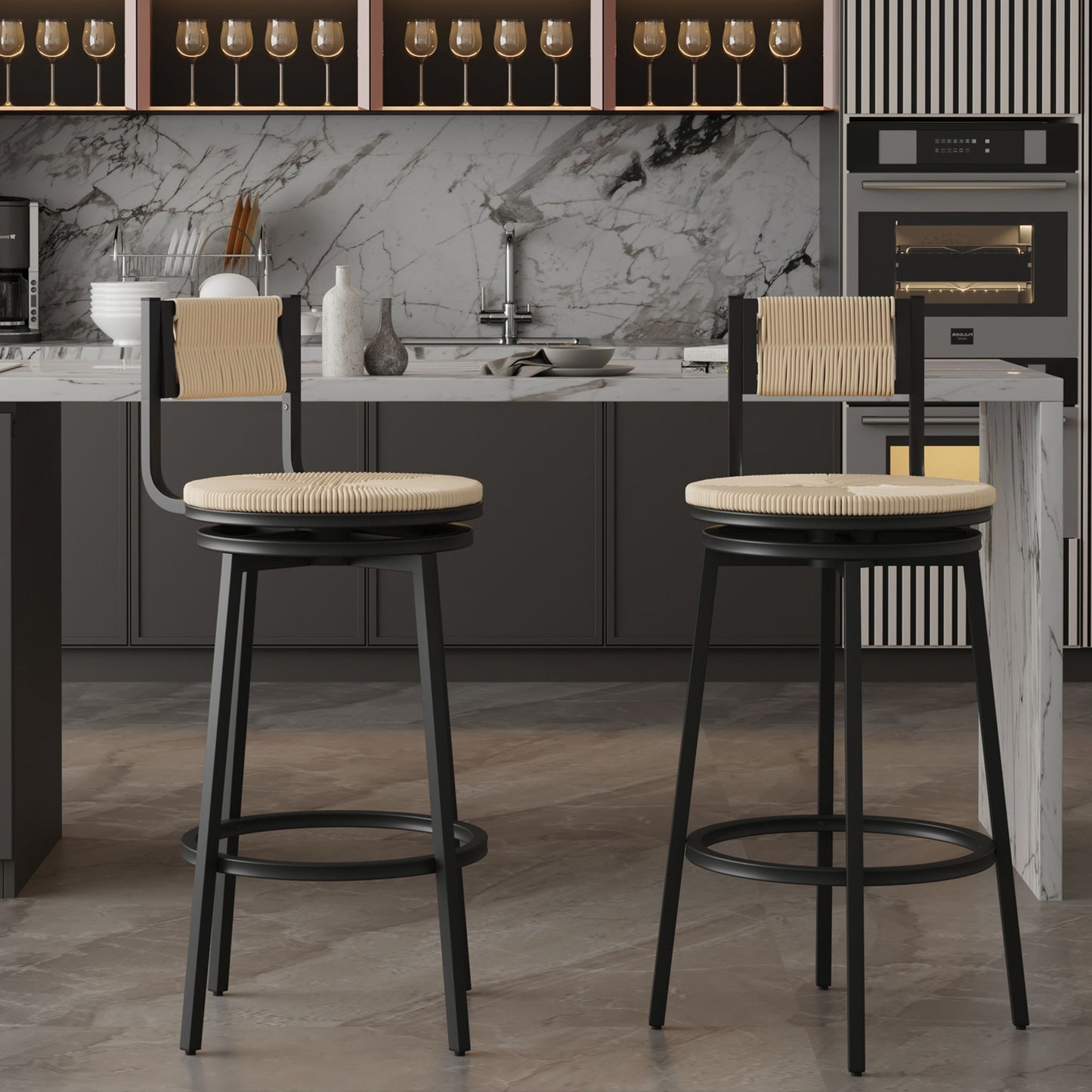 Bar stools swivel counter chairs with metal frame and handwoven paper rope seats, beige, set of 2 on Tampa Home & Garden Store