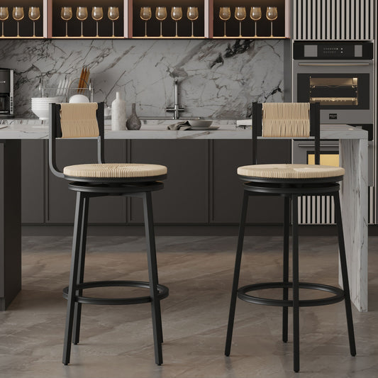 Bar stools swivel counter chairs with metal frame and handwoven paper rope seats, beige, set of 2 on Tampa Home & Garden Store