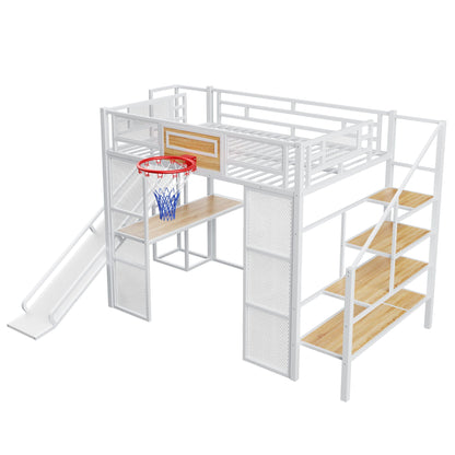 Loft bed with desk, open wardrobe, basketball hoop, slide and stairs in white metal HouseOfZazla on Tampa Home & Garden Store