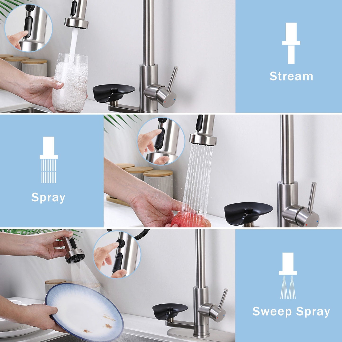 3 In 1 Kitchen Faucet and Press Glass Rinser