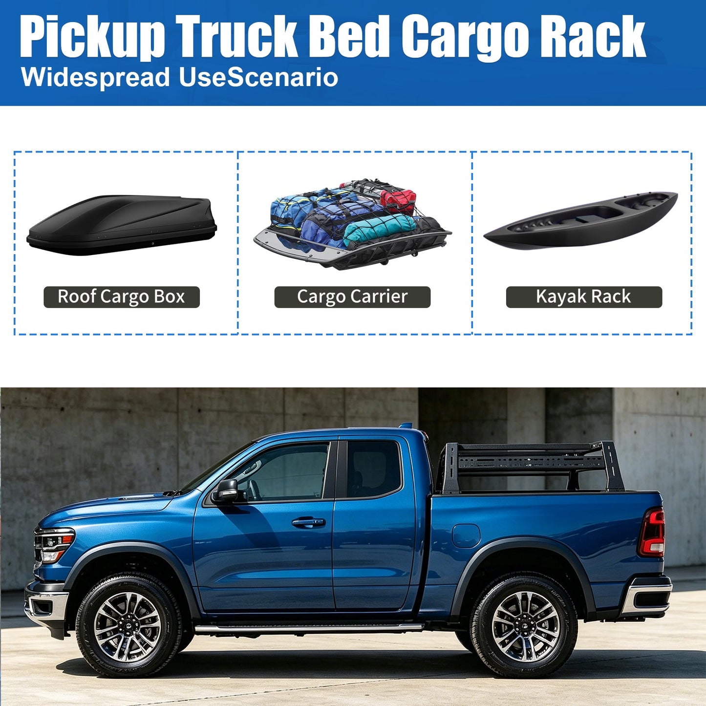 Three truck bed cargo accessories: Roof Cargo Box black, Cargo Carrier with gear, Kayak Rack black on Tampa Home & Garden Store
