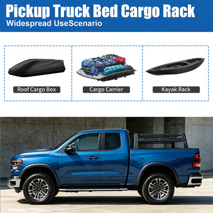 Three truck bed cargo accessories: Roof Cargo Box black, Cargo Carrier with gear, Kayak Rack black on Tampa Home & Garden Store