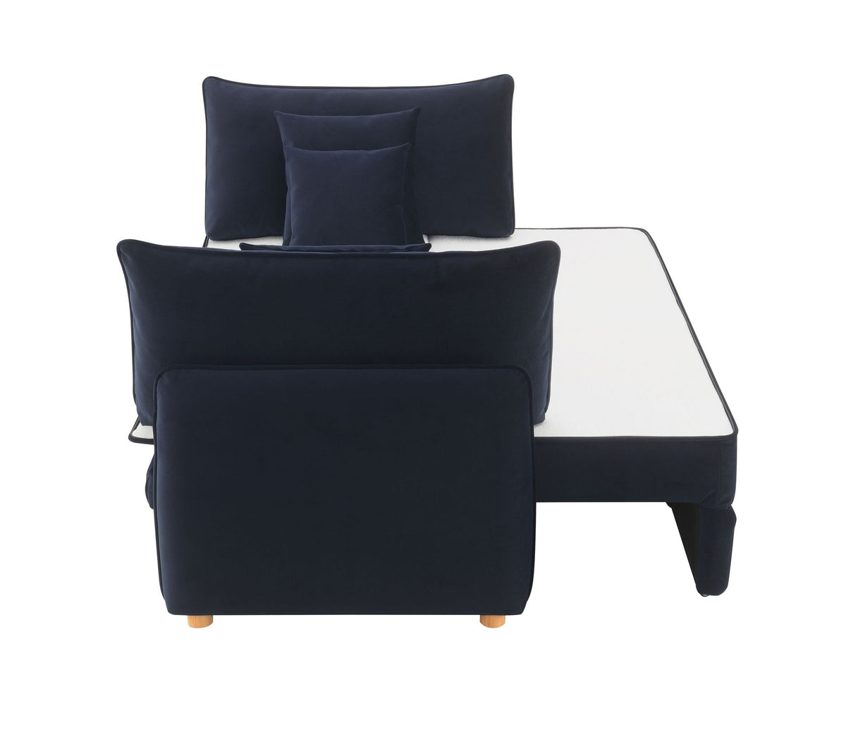 HouseOfZazla Irina pull-out sleeper sofa with storage, navy velvet upholstery and removable cushions on Tampa Home & Garden Store