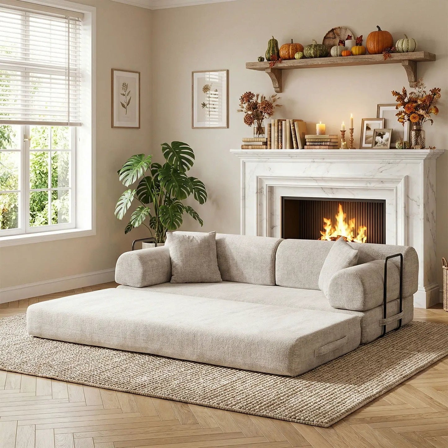 Modern 2-tone fabric sleeper futon in light beige with black metal arms by Unique Piece Furniture on Tampa Home & Garden Store
