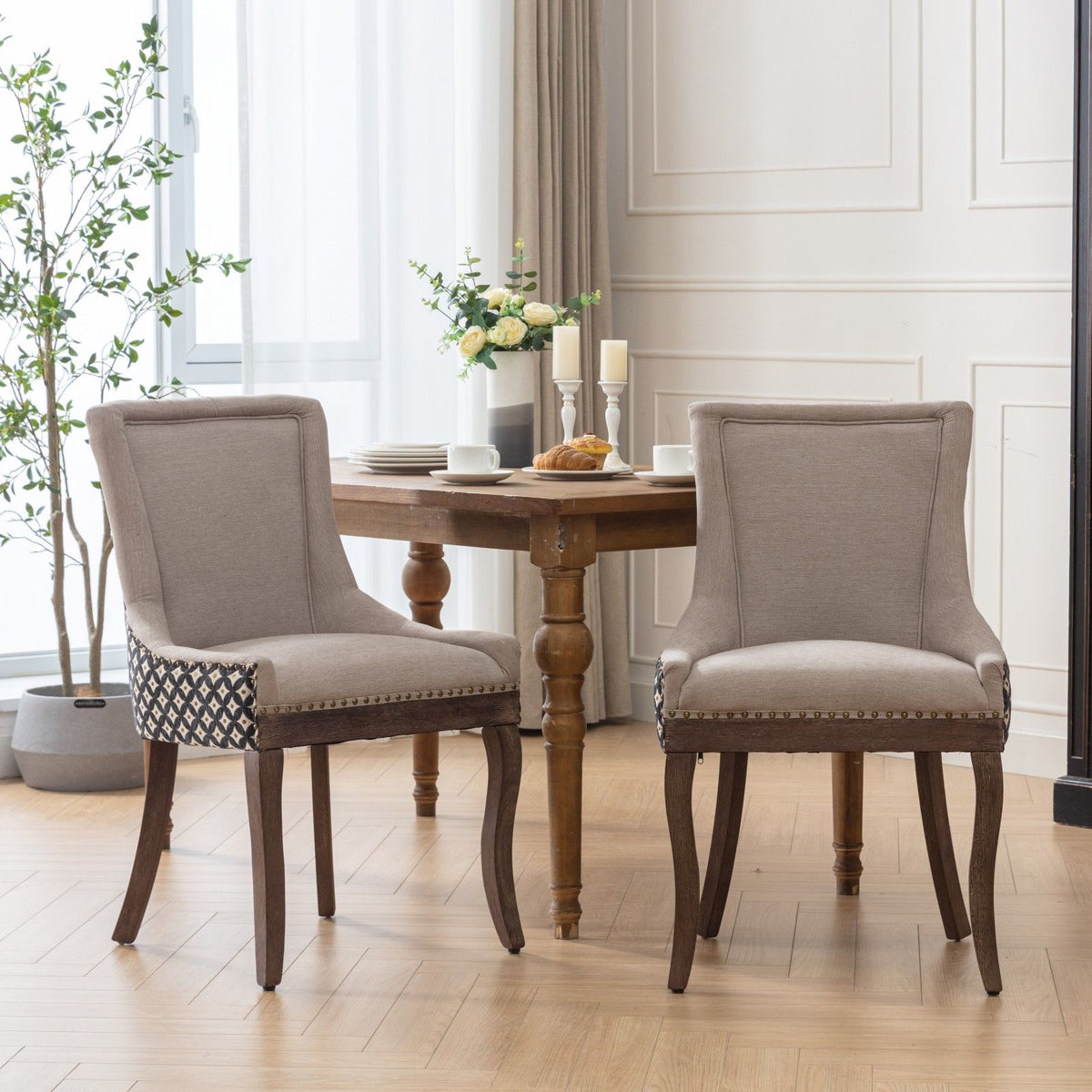 Ultra Side Dining Chair Set by HouseOfZazla with solid wood legs, beige fabric, 2 chairs on Tampa Home & Garden Store