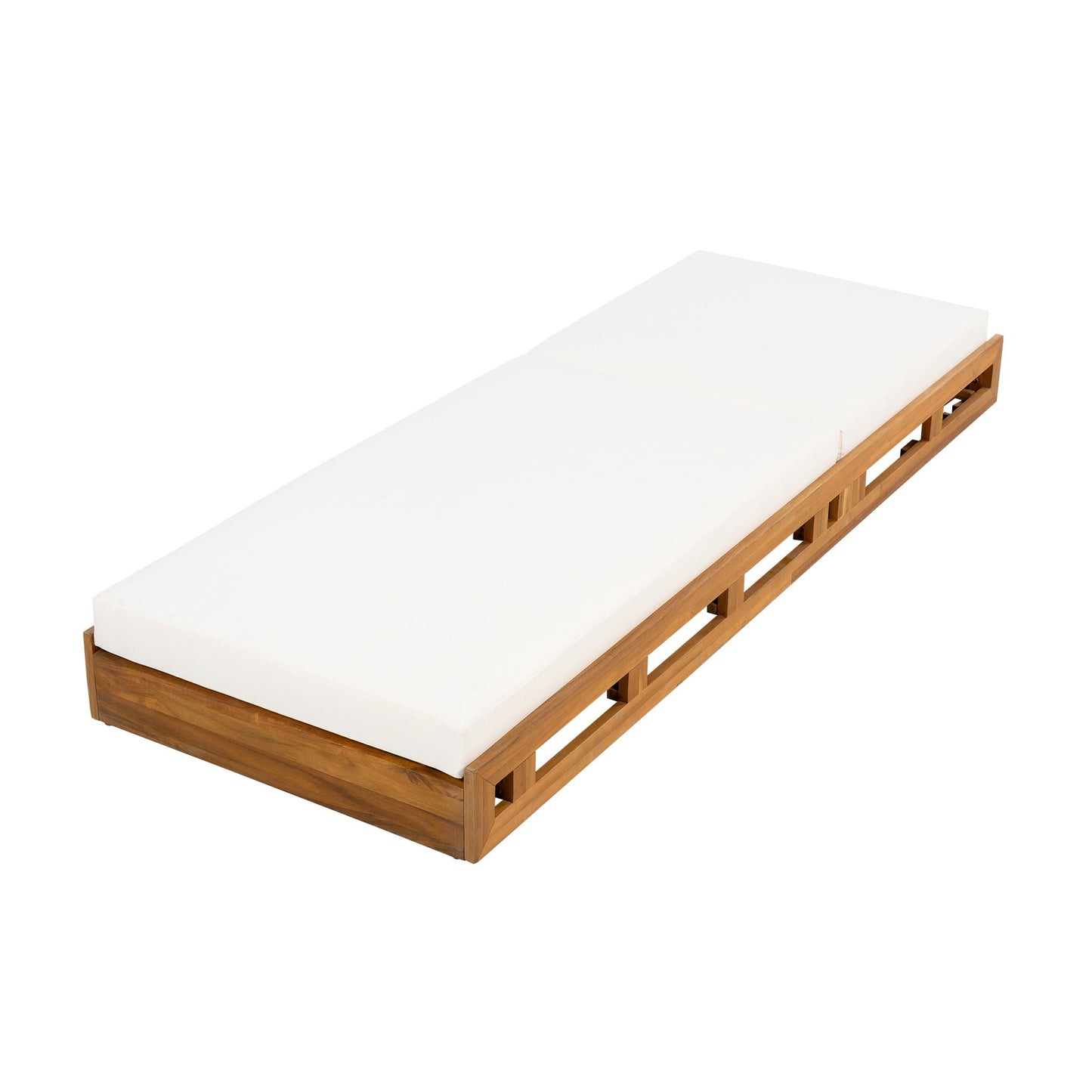 Acacia wood lounge chaise with cream cushions, teak frame, adjustable recline sunlounger on Tampa Home & Garden Store