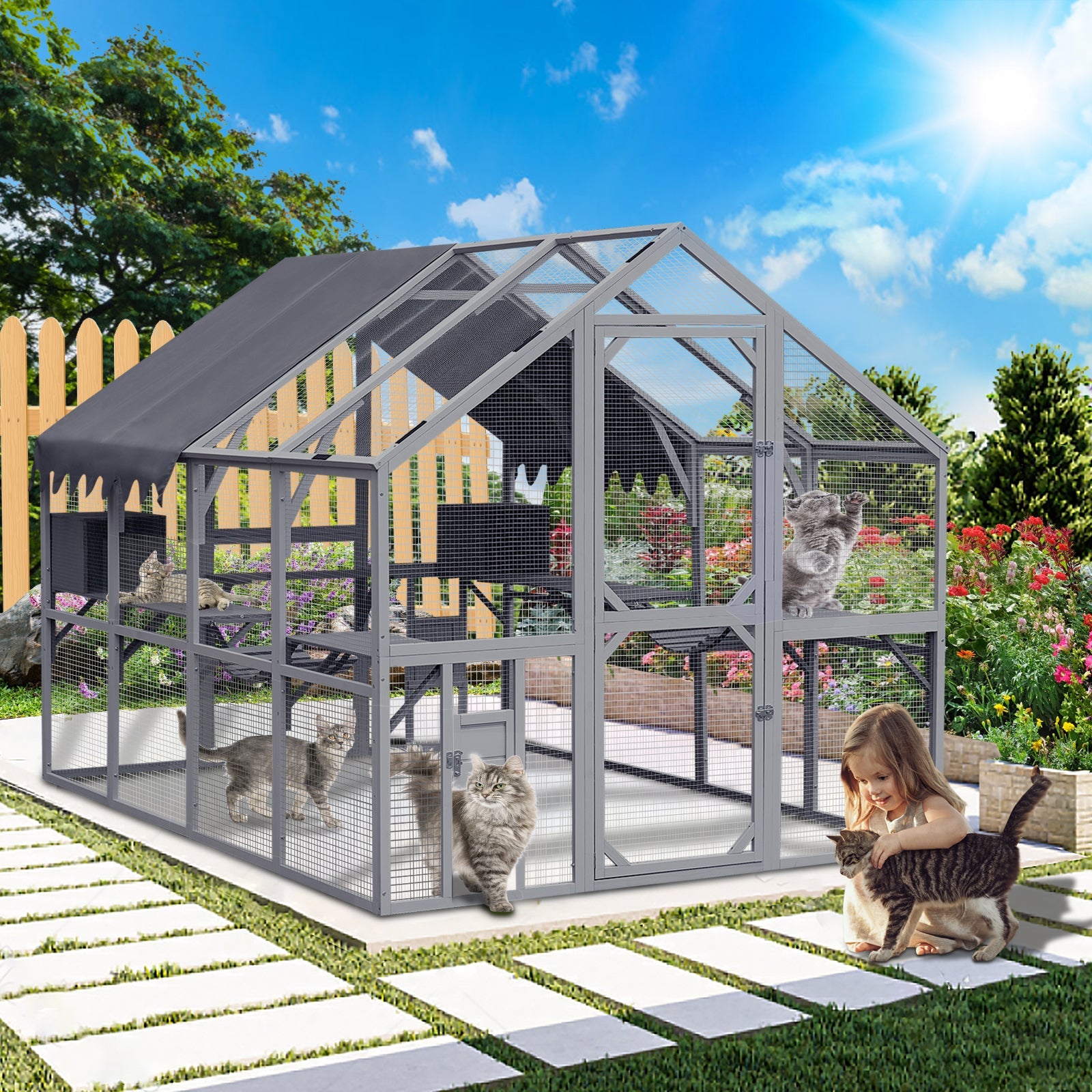 Cat House by HouseOfZazla; gray metal frame pen and hutch with mesh panels and pyramid roof on Tampa Home & Garden Store