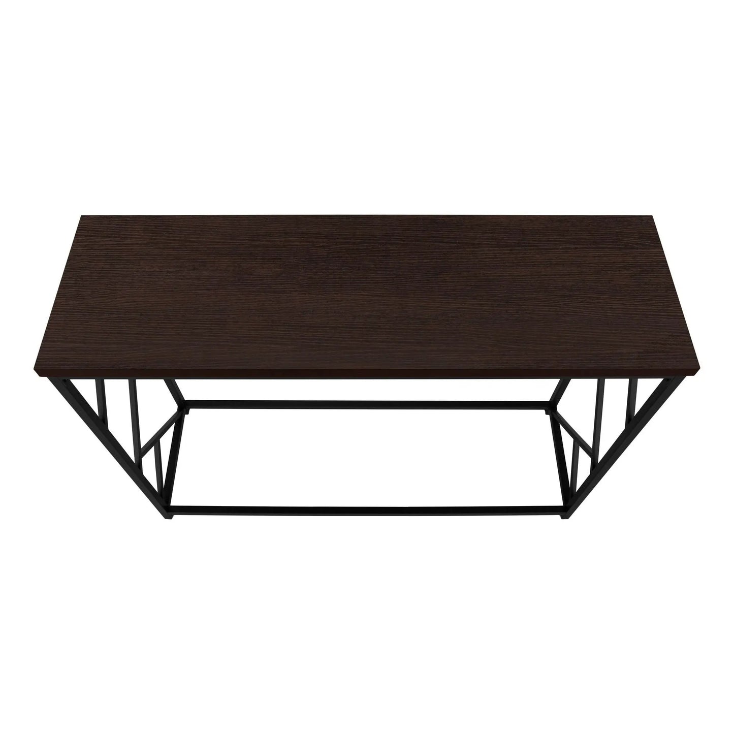 Accent console table with dark wood top and geometric black metal base for modern entryway on Tampa Home & Garden Store