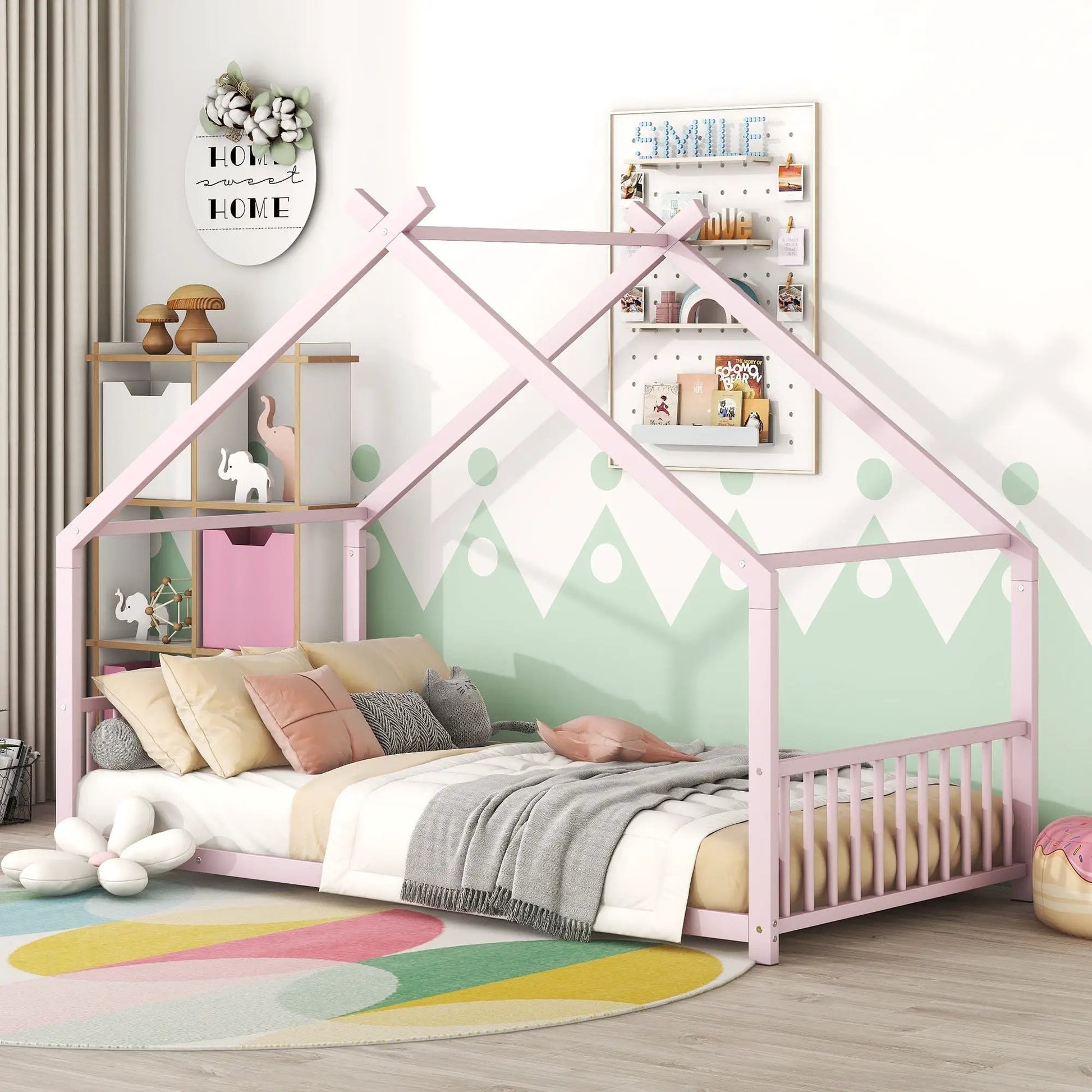 Metal House Bed with pink canopy frame in a pastel kids' room by Unique Piece Furniture on Tampa Home & Garden Store