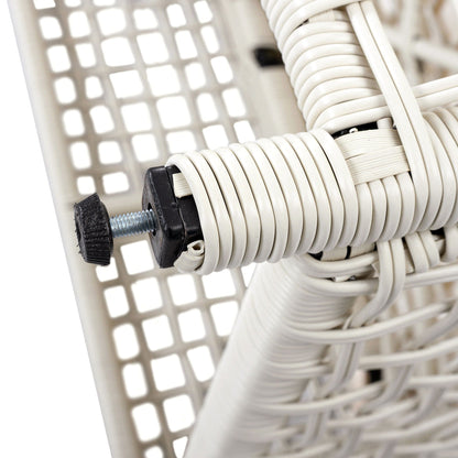 Outdoor lounge chair white wicker closeup with woven coils and bolt hardware on Tampa Home & Garden Store