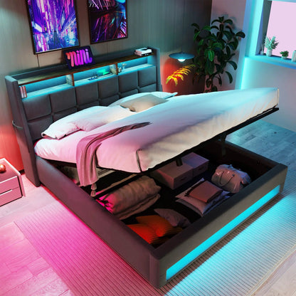 Upholstered Platform Bed With Storage USB LED