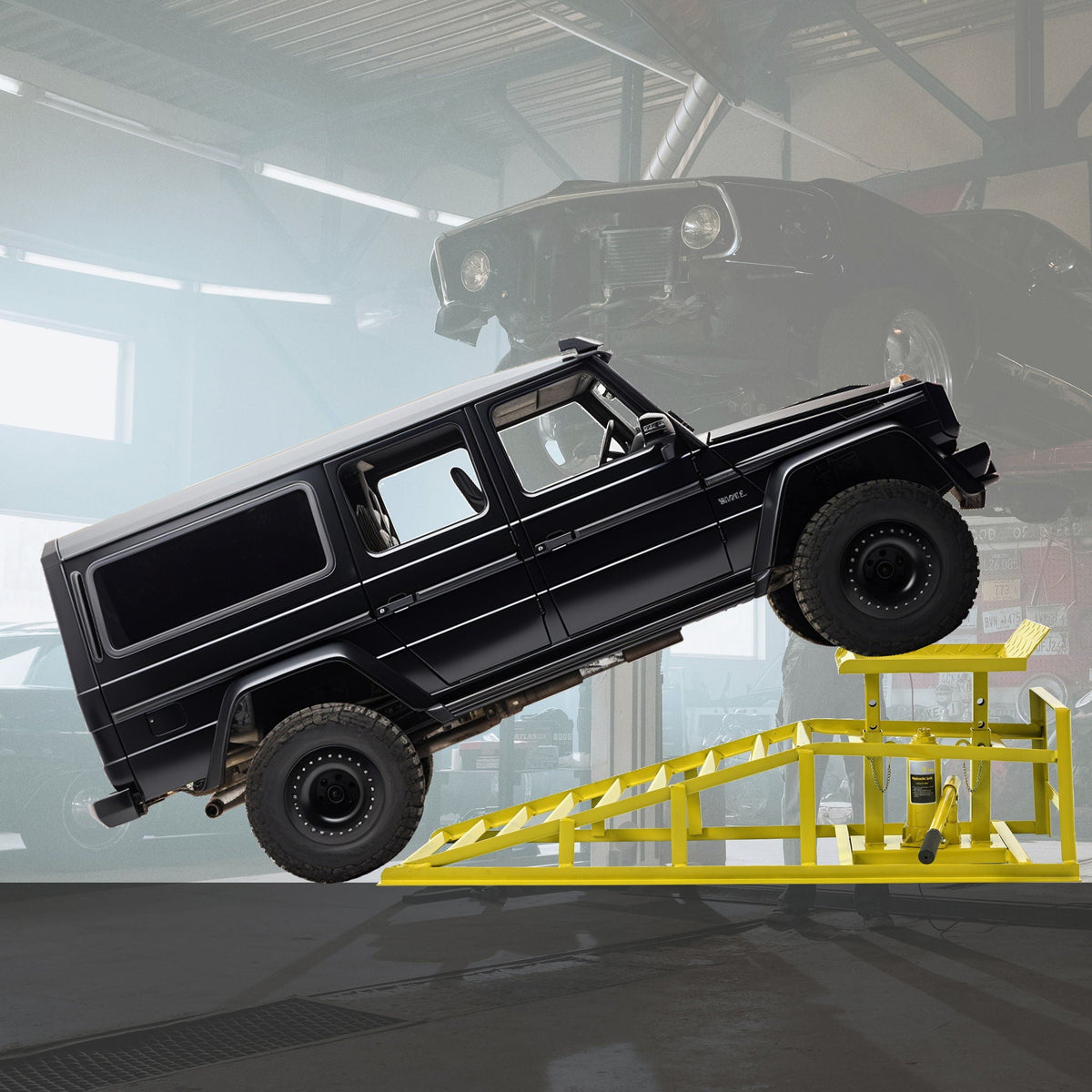 Suxidi 5-Ton hydraulic automotive lift lifts a black SUV on a yellow service ramp in a workshop on Tampa Home & Garden Store
