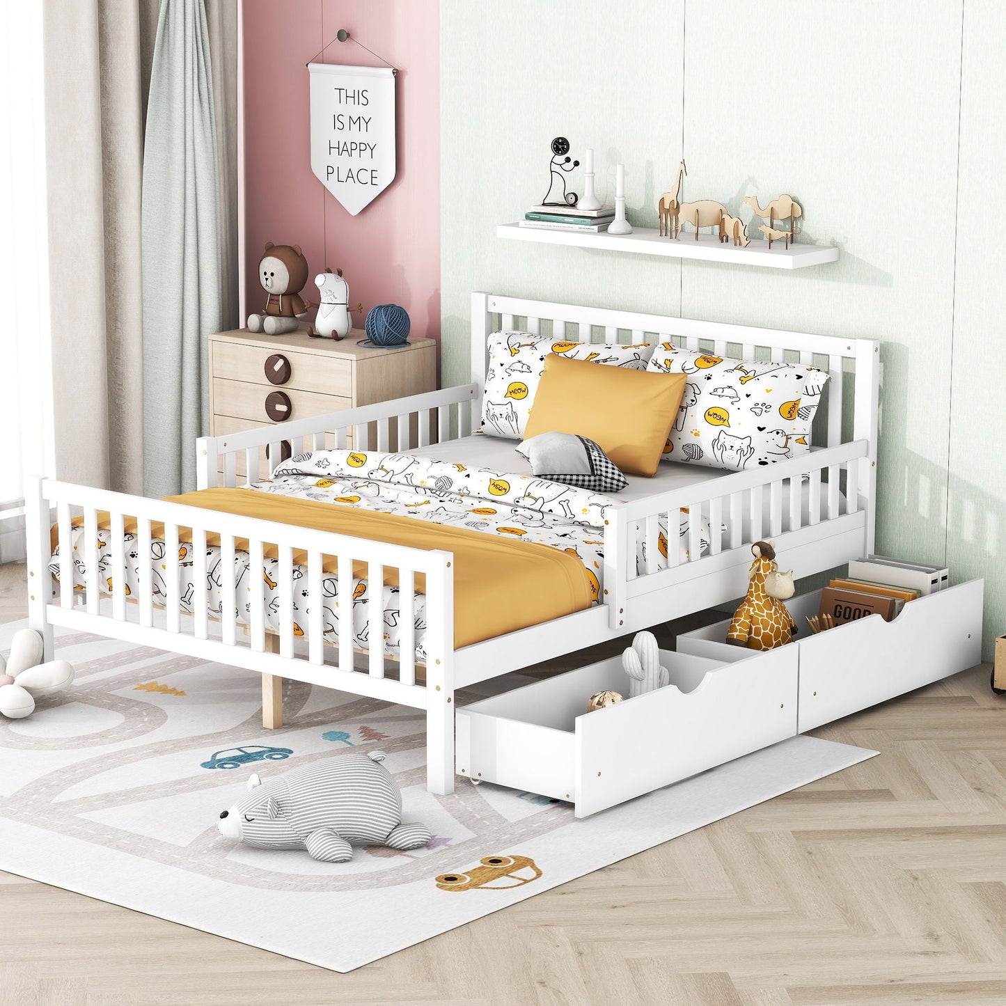 White HouseOfZazla platform bed with guardrails on both sides and 2 storage drawers on Tampa Home & Garden Store