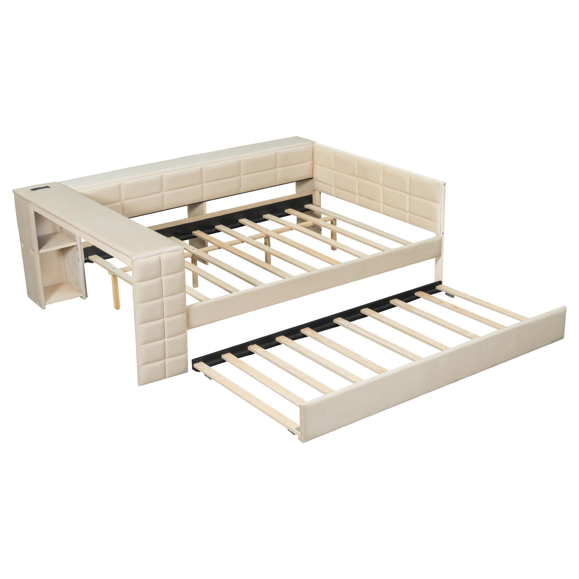 Beige upholstered platform bed with storage shelves and trundle by HouseOfZazla on Tampa Home & Garden Store