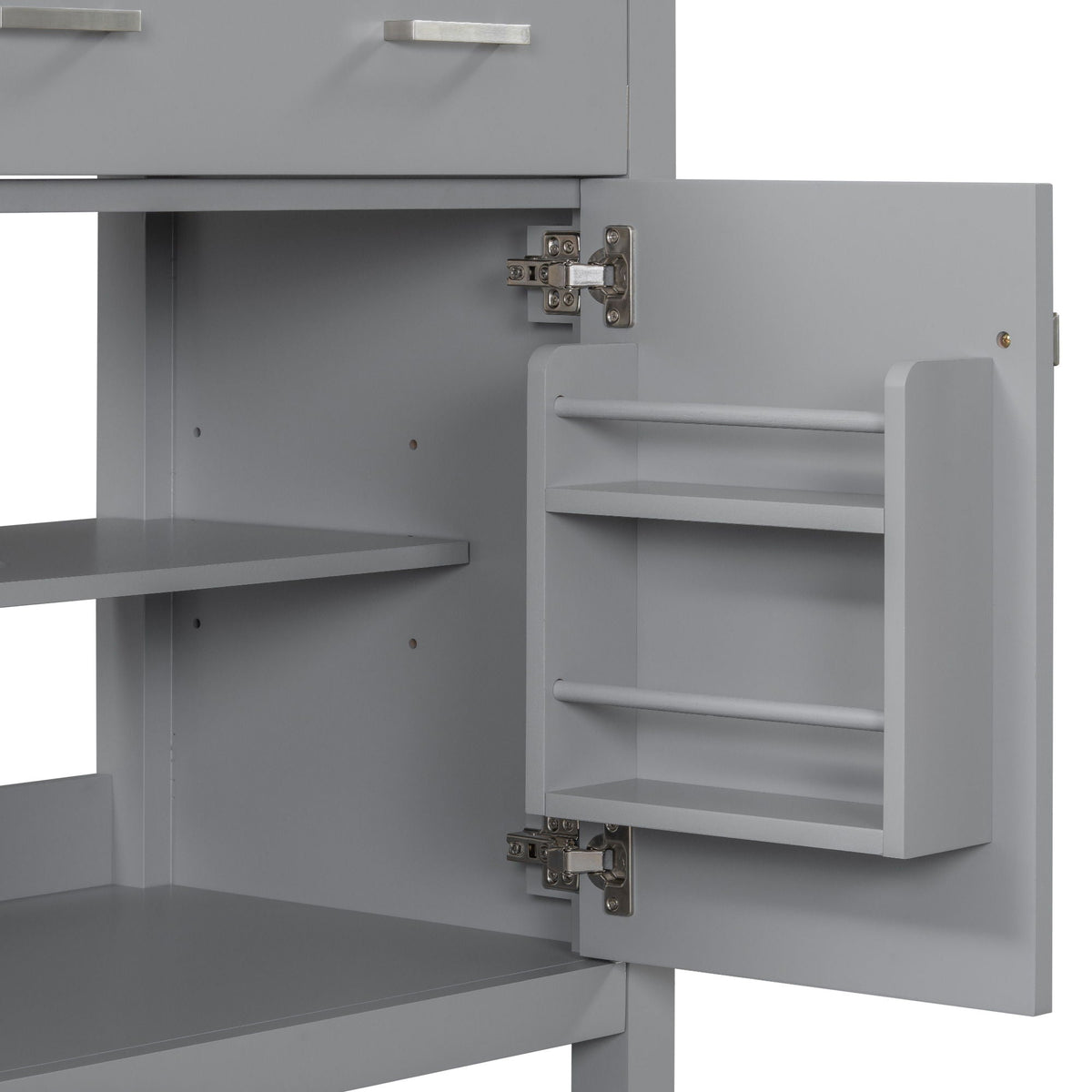 Modern gray bathroom vanity cabinet with metal handles; interior shelf and hinge visible on Tampa Home & Garden Store