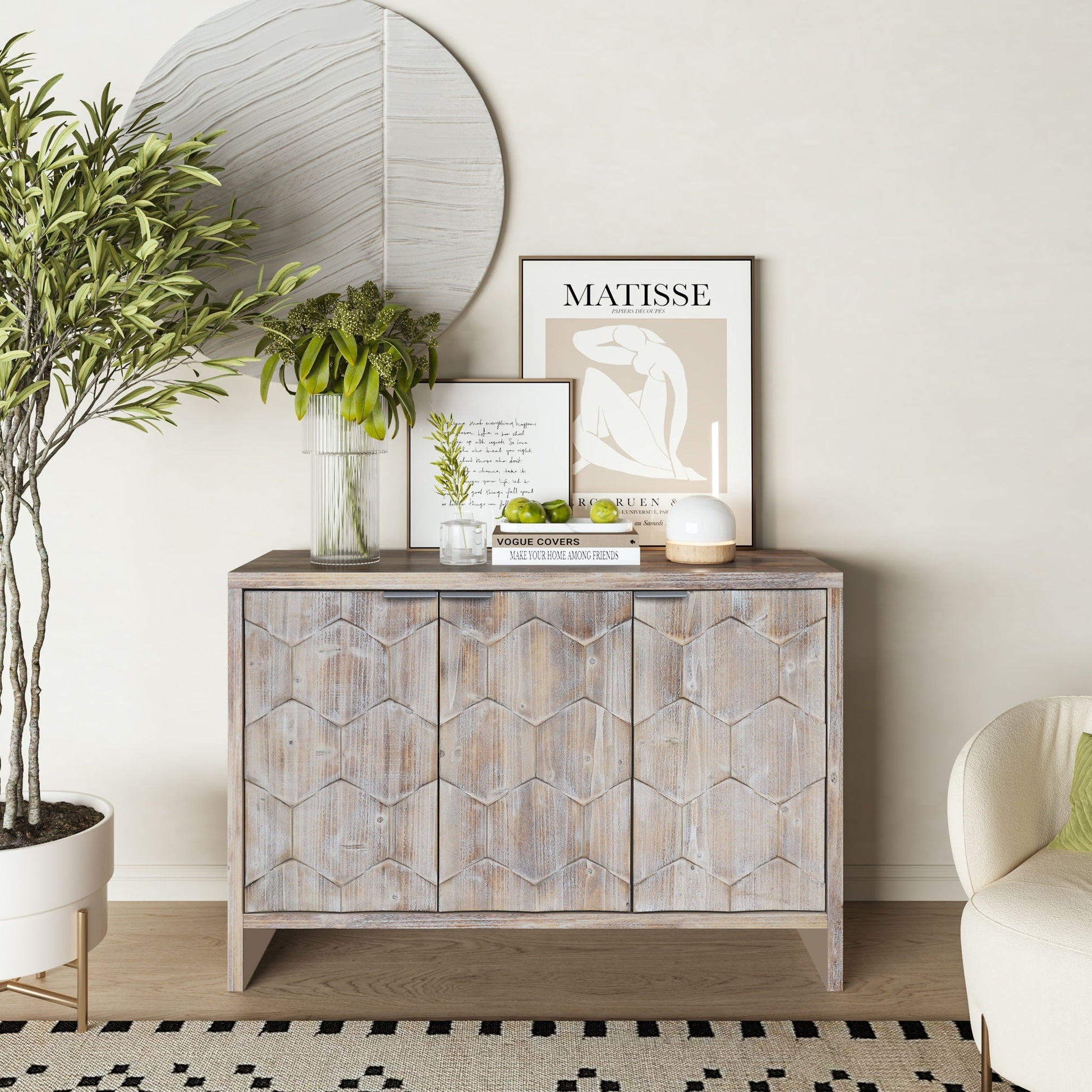 Accent Cabinet Farmhouse 4-Door Wooden Sideboard with chevron-front doors and distressed finish on Tampa Home & Garden Store