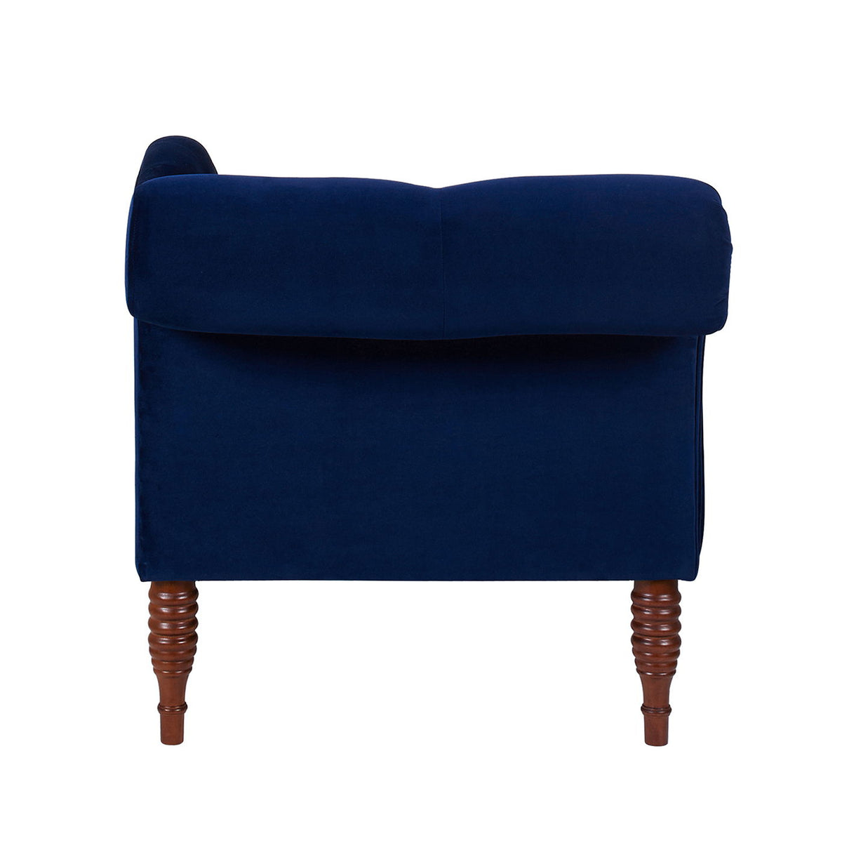 Tufted roll-arm chaise lounge in royal blue velvet with premium foam and turned wood legs on Tampa Home & Garden Store