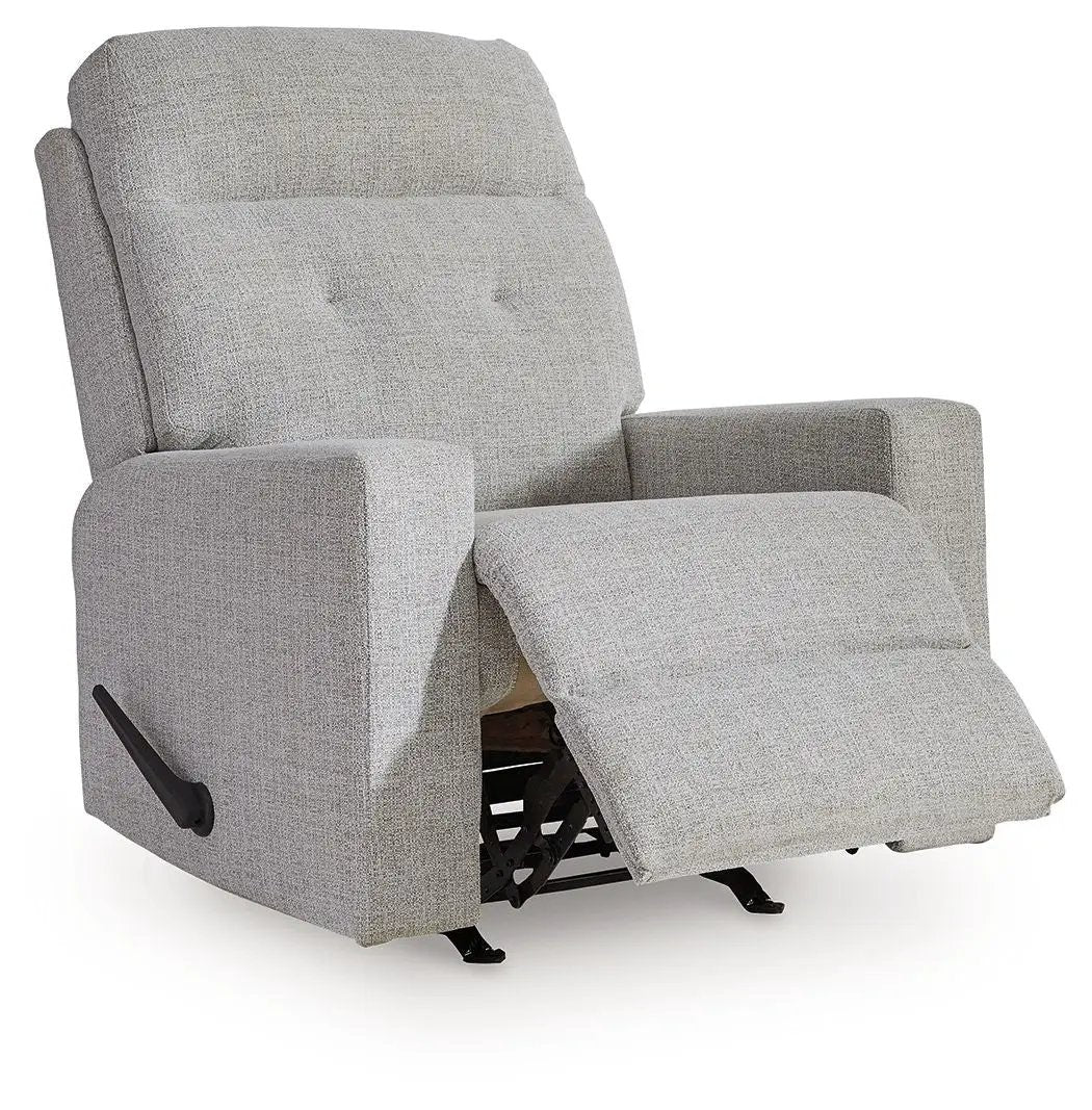 Skillins Rocker Recliner Stone fabric upholstered chair with footrest and side lever on Tampa Home & Garden Store