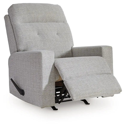 Skillins Rocker Recliner Stone fabric upholstered chair with footrest and side lever on Tampa Home & Garden Store