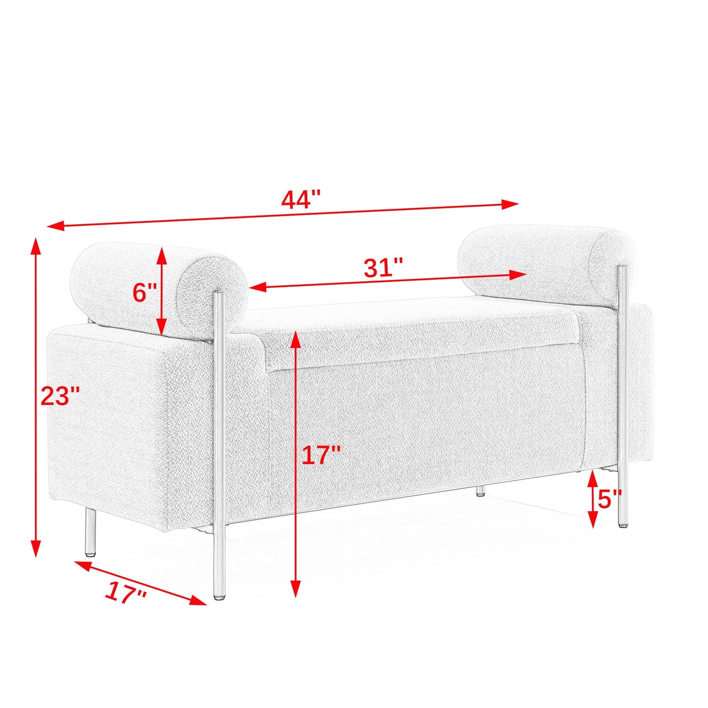 Storage bench in light gray upholstery with cylindrical arms and iron legs; 44W x 23H x 31D on Tampa Home & Garden Store