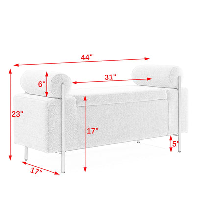 Storage bench in light gray upholstery with cylindrical arms and iron legs; 44W x 23H x 31D on Tampa Home & Garden Store