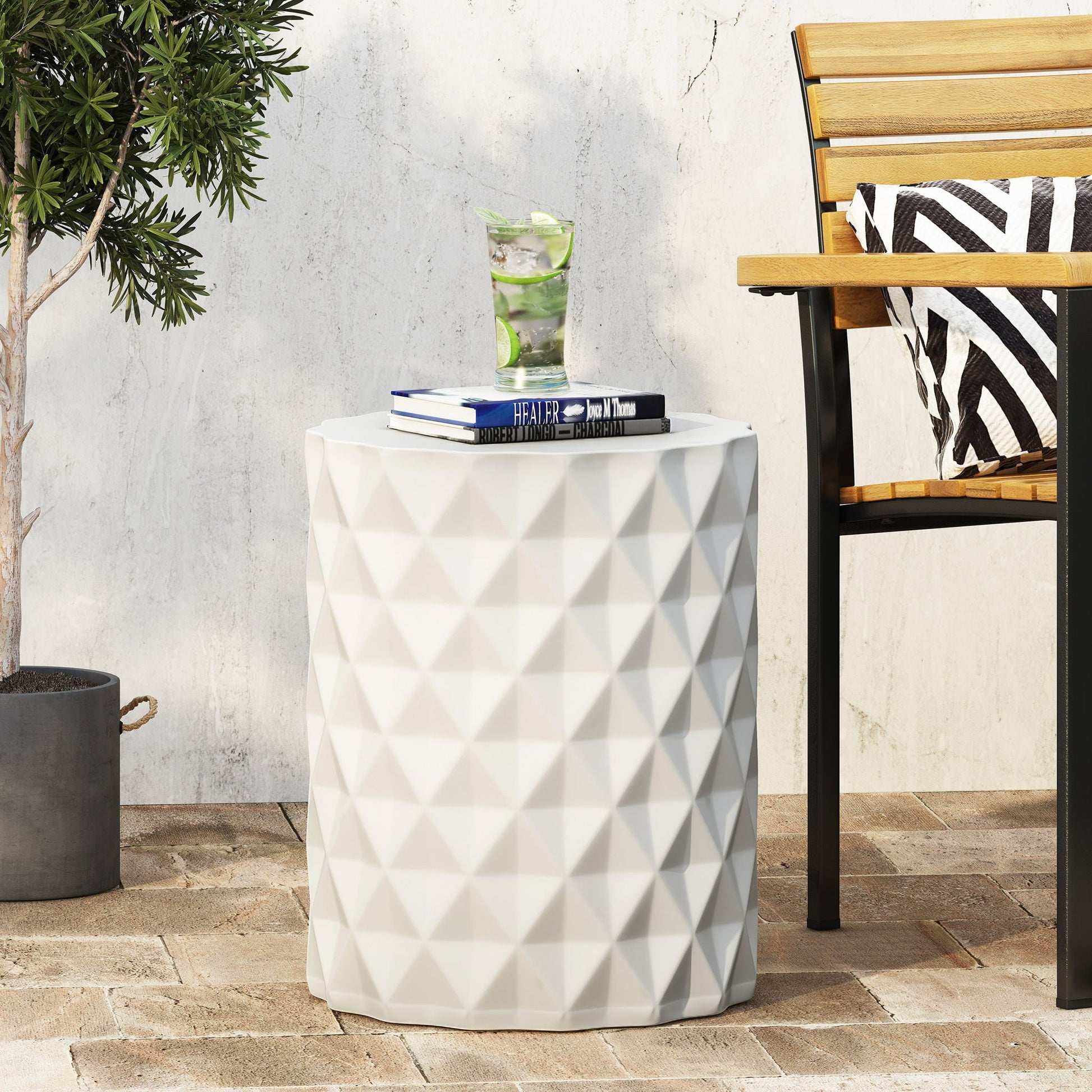 Outdoor lightweight concrete side table Antique White by HouseOfZazla; geometric faceted surface on Tampa Home & Garden Store