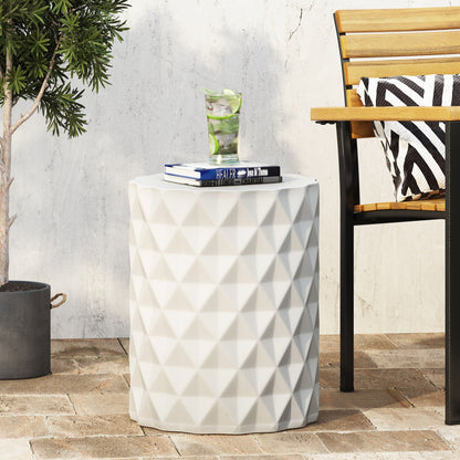 Outdoor lightweight concrete side table Antique White by HouseOfZazla; geometric faceted surface on Tampa Home & Garden Store