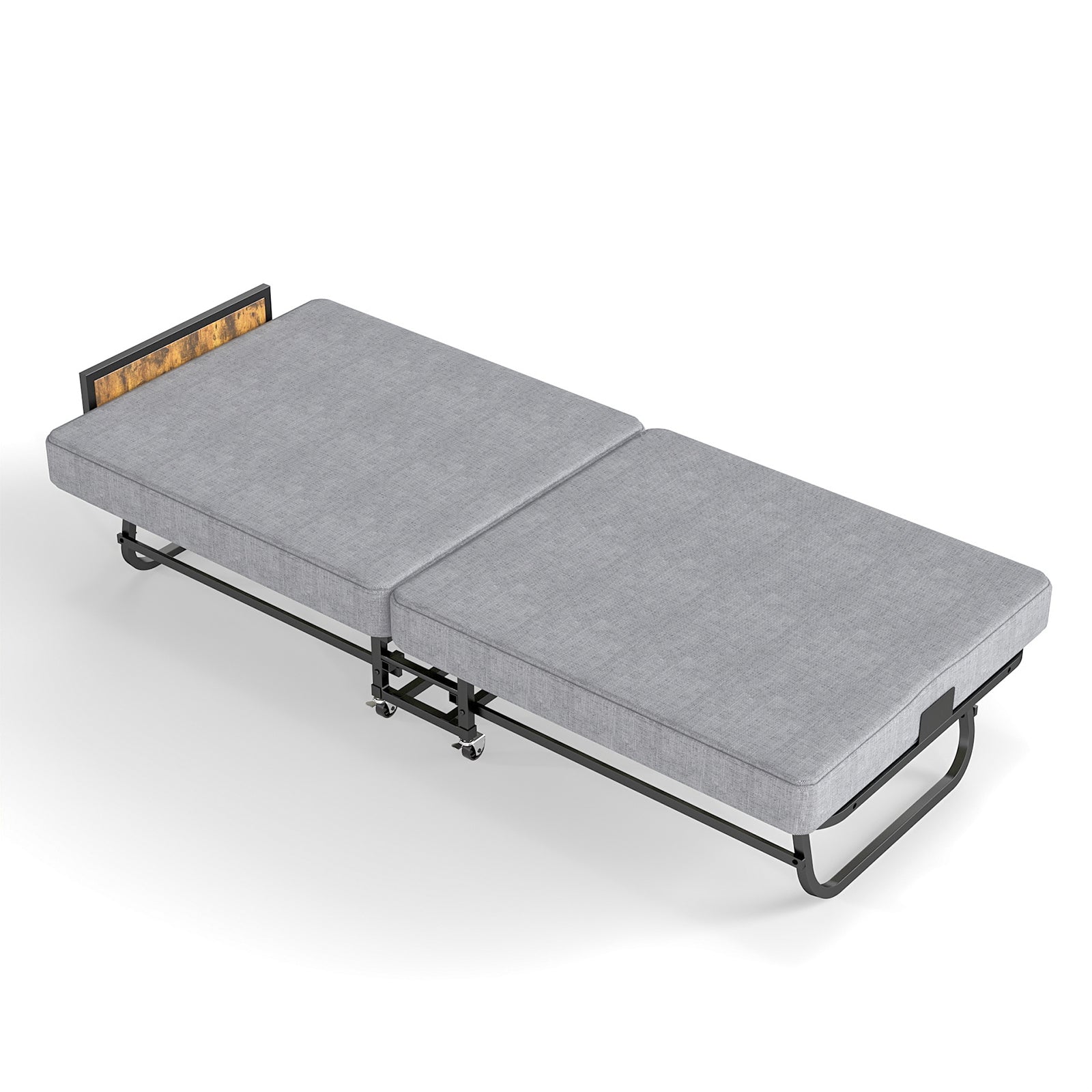 78x31 folding bed with headboard and USB charging in grey fabric and metal frame on Tampa Home & Garden Store