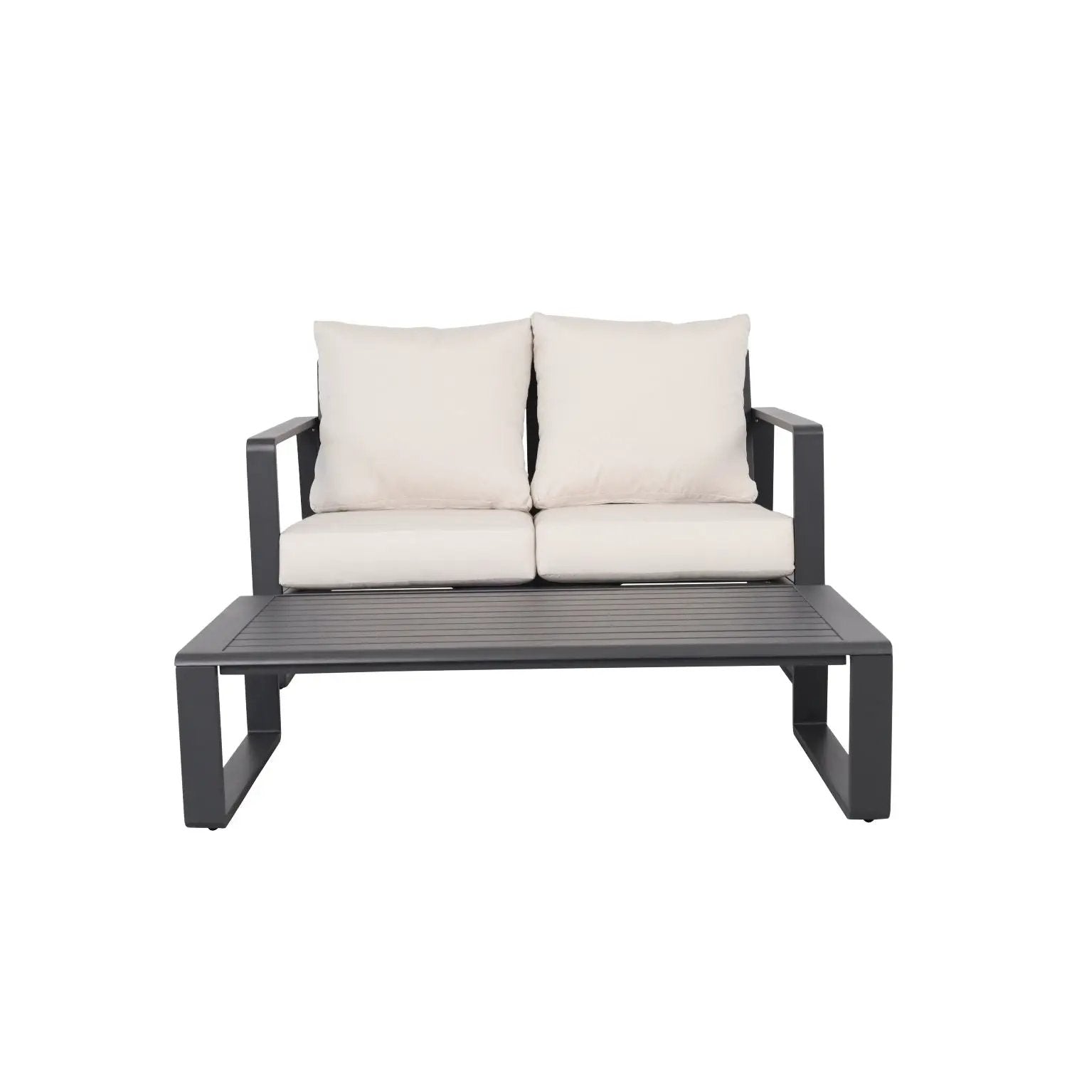 2-piece outdoor sofa set with rectangular coffee table, gray metal frame, beige cushions on Tampa Home & Garden Store