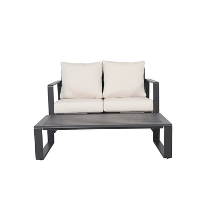 2-piece outdoor sofa set with rectangular coffee table, gray metal frame, beige cushions on Tampa Home & Garden Store