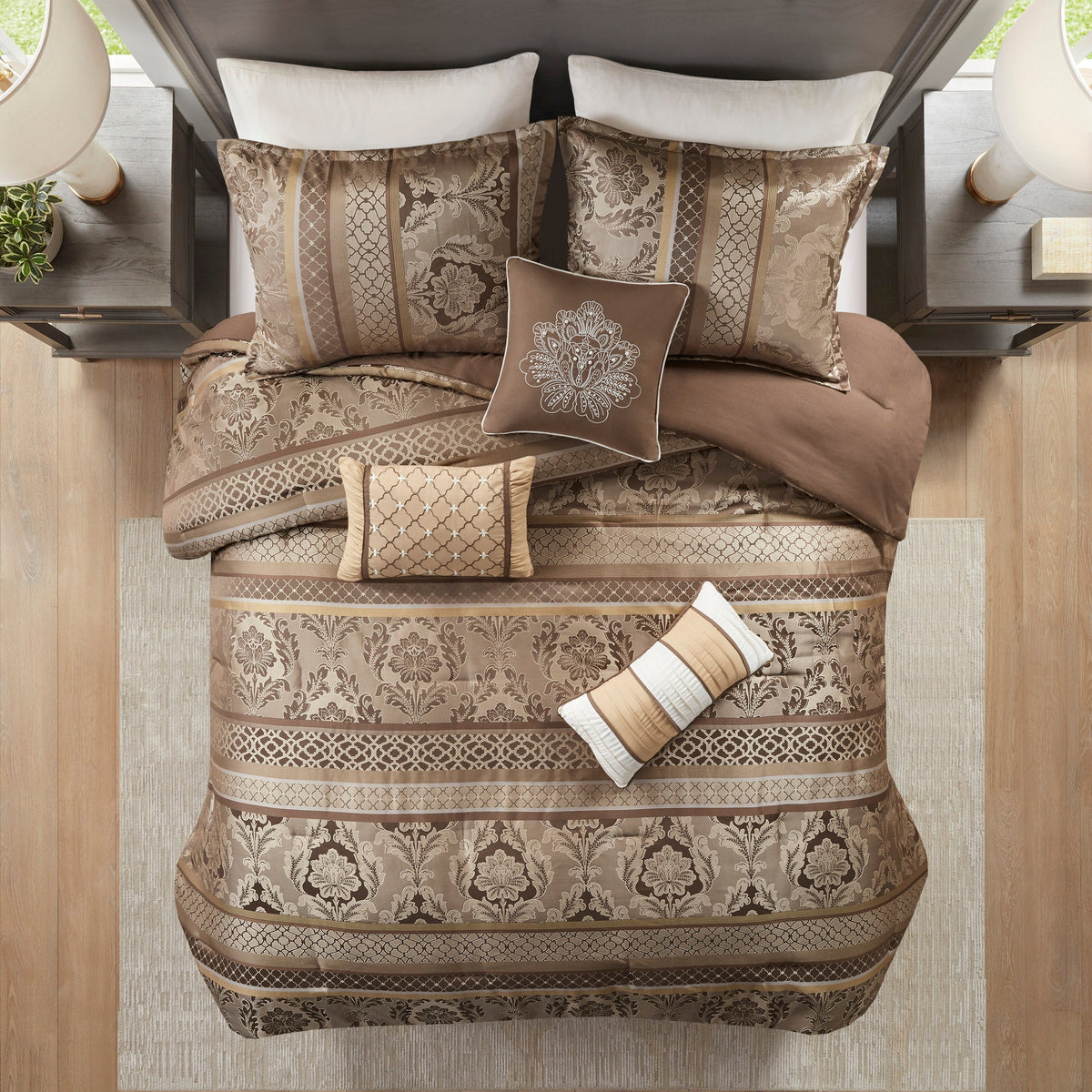 7 Piece Jacquard Comforter Set Brown/Gold Queen bedding by HouseOfZazla on Tampa Home & Garden Store