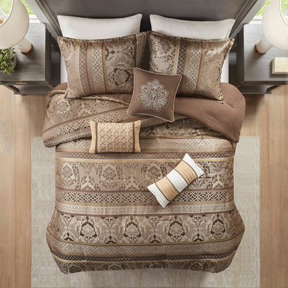7 Piece Jacquard Comforter Set Brown/Gold Queen bedding by HouseOfZazla on Tampa Home & Garden Store