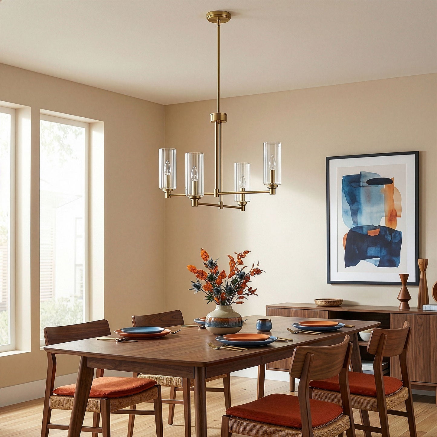 Enigma 4-light chandelier in antique brass finish with clear ribbed satin glass shades on Tampa Home & Garden Store