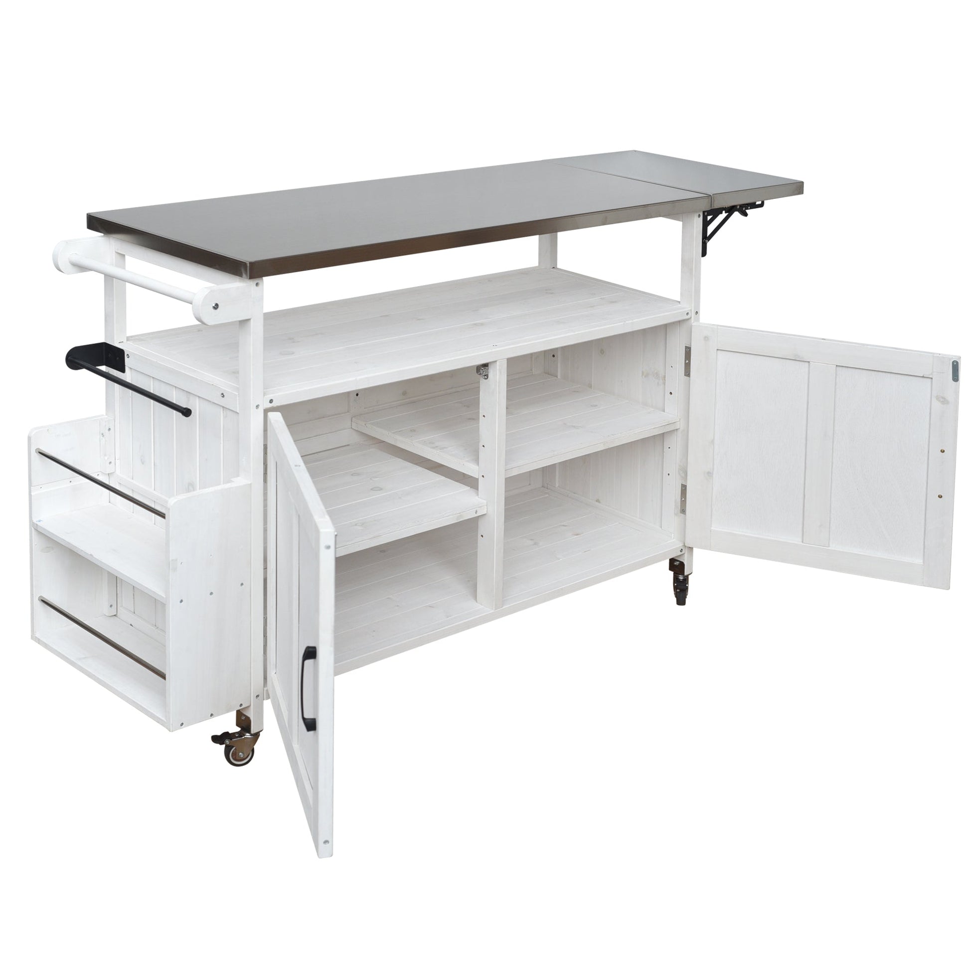 Foldable Kitchen Island Cart with Storage by HouseOfZazla, white wood and stainless top on Tampa Home & Garden Store