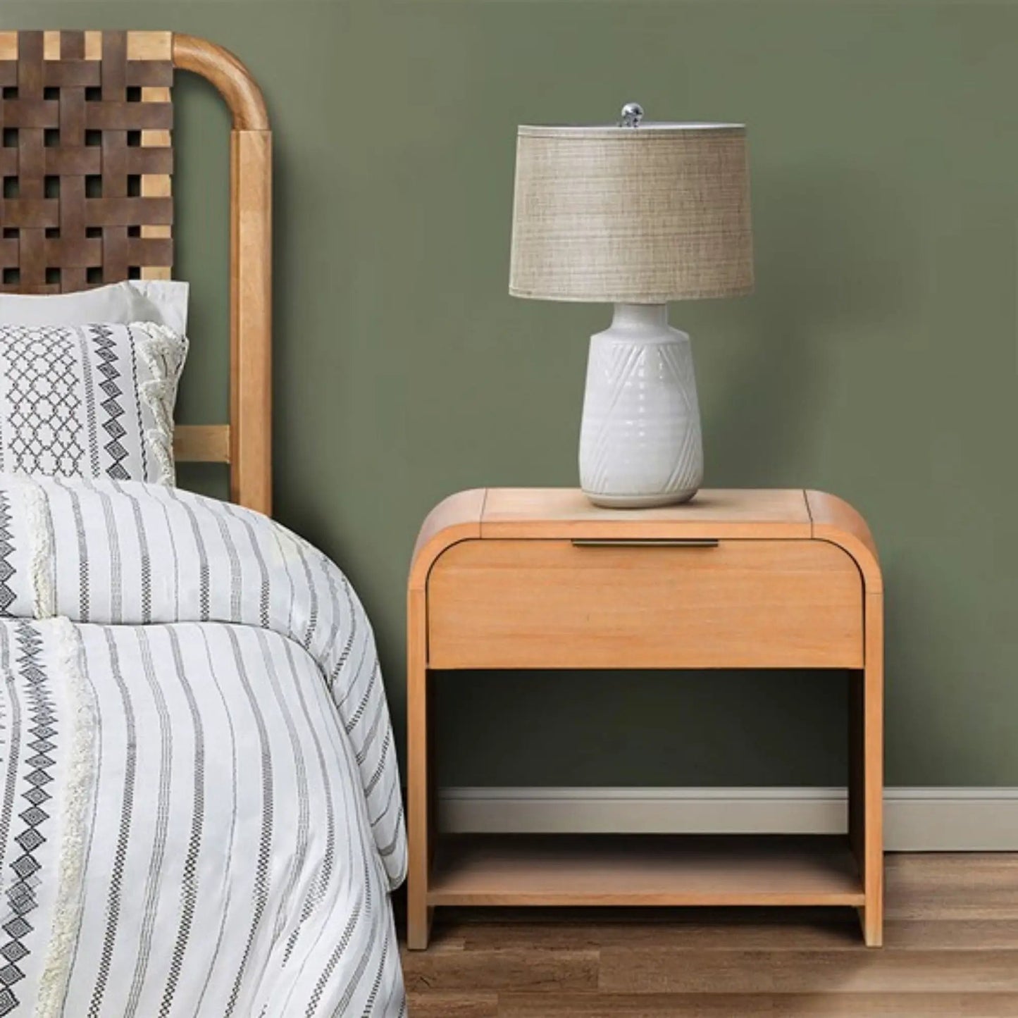 Natural wood 1-drawer waterfall nightstand with mid-century design by Unique Piece Furniture on Tampa Home & Garden Store