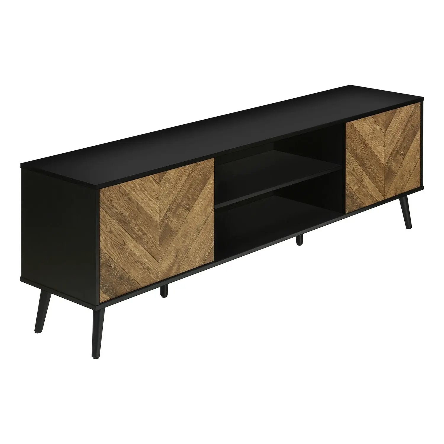 TV stand in black with two wood chevron doors and open center shelving angled legs on Tampa Home & Garden Store