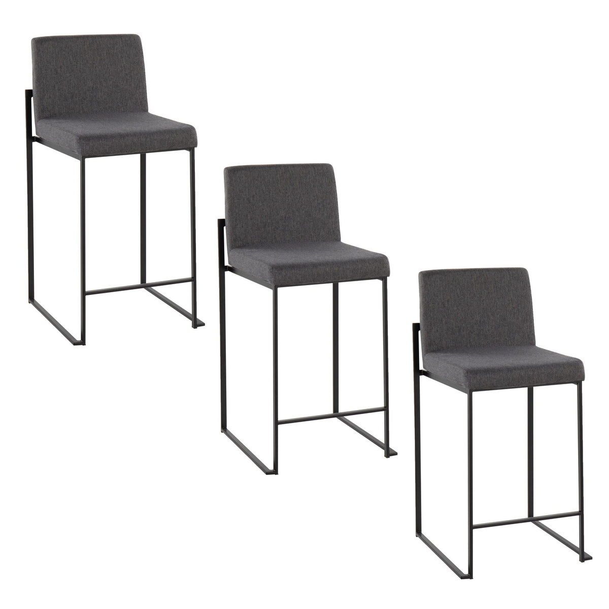 Fuji High Back Counter Stool set of 3 in gray fabric with black metal frames on Tampa Home & Garden Store